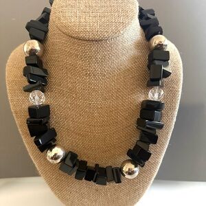 Elegant Black and Silver Natural Gemstone Statement  Necklace